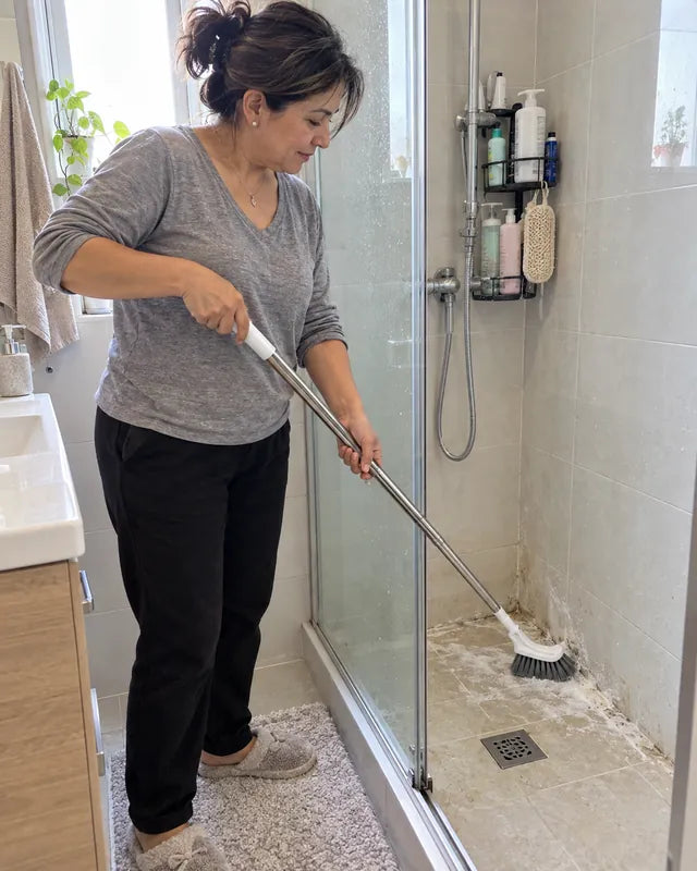 Mujer de pie limpiando la esquina de la ducha con el cepillo Reluce