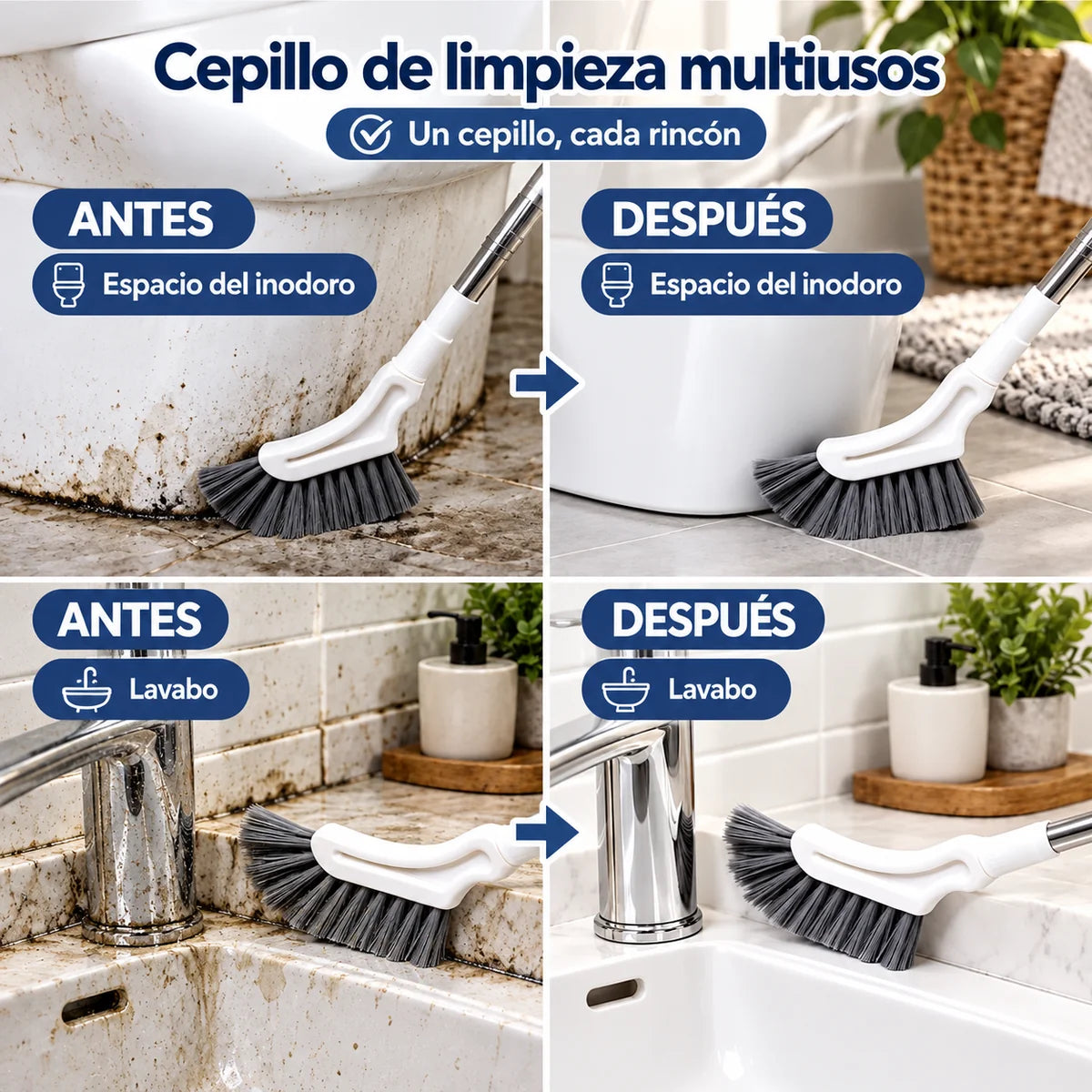 Antes y después: inodoro limpio, lavabo limpio. Cepillo de limpieza multiusos Reluce